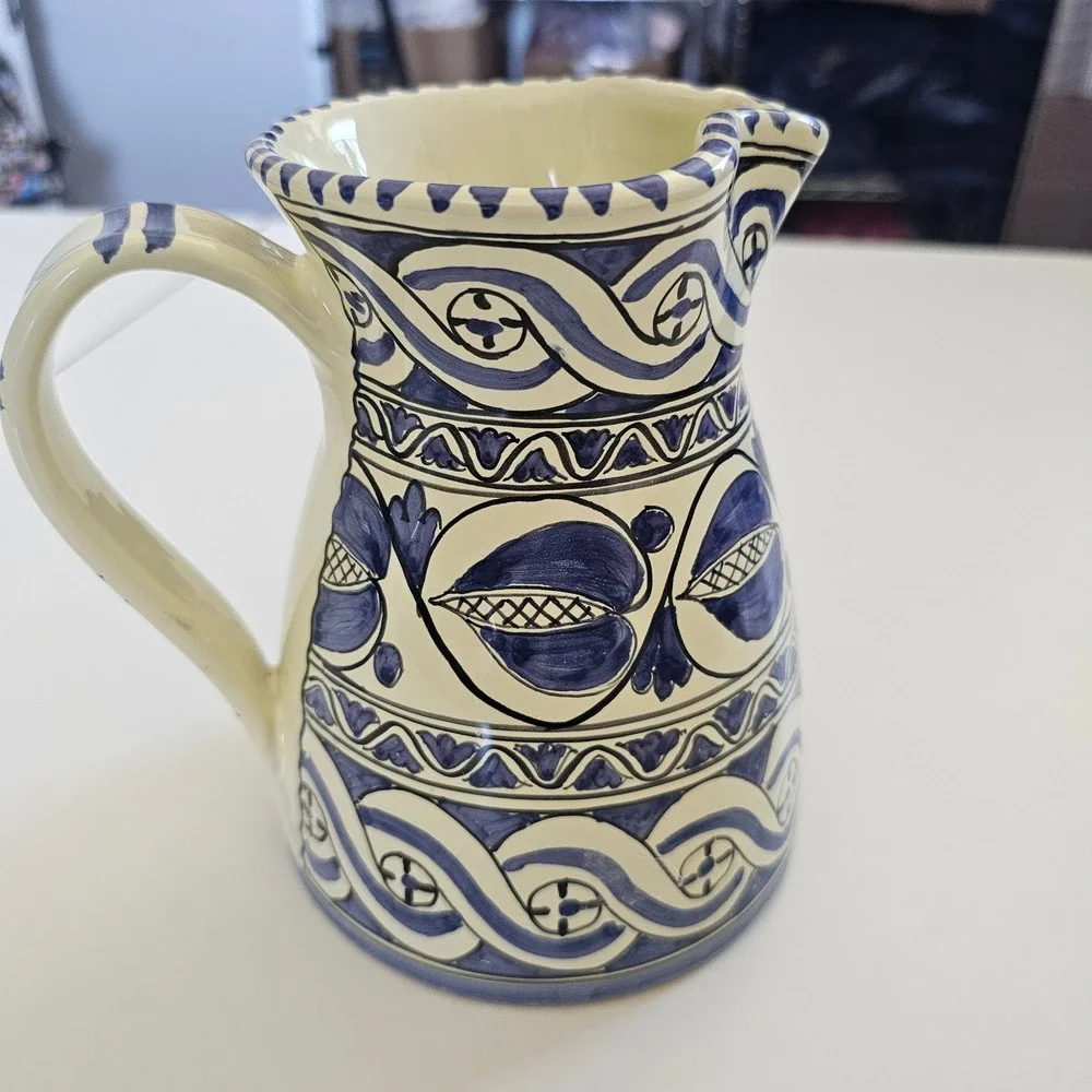 L.AR.CE. Orvieto Italian Pottery Pitcher Blue White Hand Painted Majolica 6.5